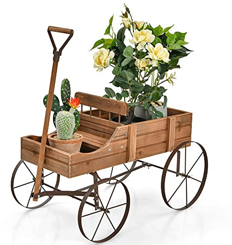 COSTWAY Carrito de Madera Maceta, Maceta Decorativa con Ruedas y 2 Secciones para Plantas, Porta Plantas de Exterior para Jardín, Patio, Terraza 62 x 34 x 60 cm (café)