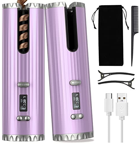 Cordless Curling Iron, Automatic Hair Curler with LCD Temperature Display & Timer, 6 Adjustable Temperatures, Fast Heating Ceramic Cylinder, USB Rechargeable, Intelligent Curling Irons for Wavy Curls