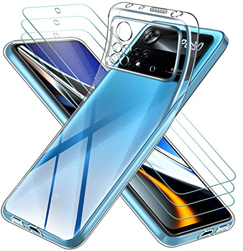 ivoler Funda para Xiaomi Poco X4 Pro 5G, con 3 Piezas Cristal Templado, Transparente Suave TPU Silicona Carcasa Protectora Antigolpes Caso Delgada Anti-Choques Case