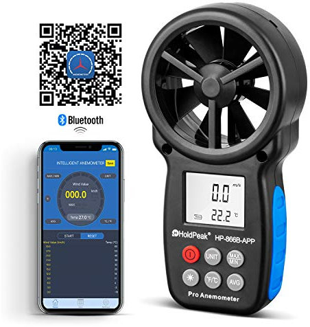 Anemometro misuratore di velocità del vento, HP-866B-APP anemometro digitale portatile con APP via Bluetooth, termometro vento con indicazione vento freddo, MAX/MIN/AVG/Corrente