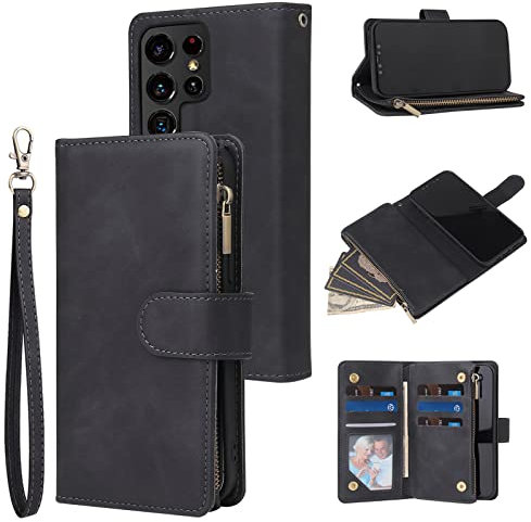 QLTYPRI Hülle für Samsung Galaxy S22 Ultra, Premium Leder Handyhülle mit Große Kapazität 6 Kartenfach & 1 Reißverschluss Tasche Ständer Schutzhülle für Samsung Galaxy S22 Ultra - Schwarz