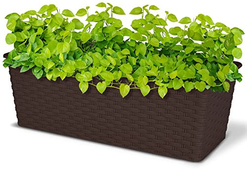 ALBERT AUSTIN Rectangle Rattan Planter, 30cm, Outdoor Plant Pots, Large Garden Planters, Plastic, Brown