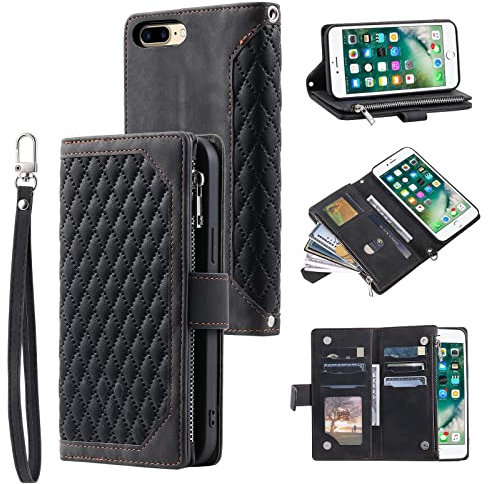 QLTYPRI Wallet Case for iPhone 7 Plus/8 Plus,Luxury Quilted PU Leather Wallet Case with Card Slots for Women,Magnetic Zipper Purse Case with Wrist Strap Kickstand Shockproof Flip Cover-Black