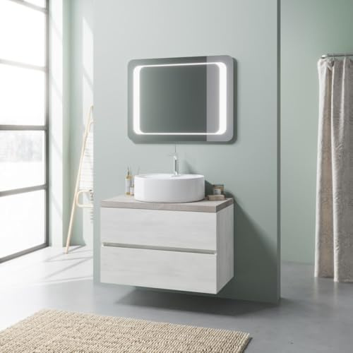 KIAMAMI VALENTINA - Waschtischunterschrank 80cm mit Keramik-Aufsatzwaschbecken und LED Spiegel | Elba