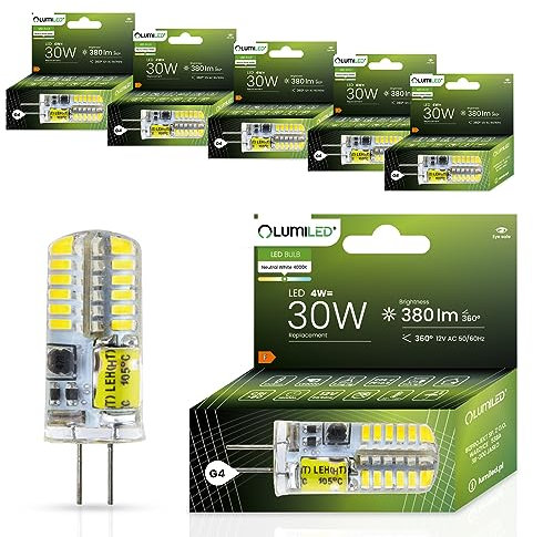 Lumiled LED Lampen G4 6er Set Leuchtmittel 4W (ersetzt 30W Glühlampe) 4000K Neutralweiß 380lm 360° Lichtwinkel 12V AC/DC Mini Glühbirnen kleine Birne Energiesparende kein Flackern SMD