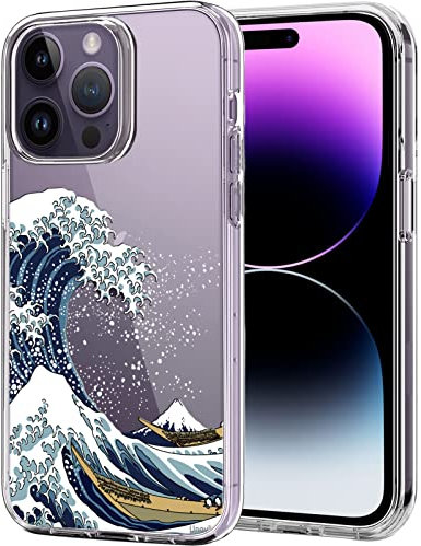 Unov Case Compatible with iPhone 14 Pro Case Clear with Pattern Slim Protective Soft TPU Bumper Embossed Design 6.1 Inch (Great Wave)