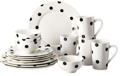 Loymokinar 16-Piece Dinnerware Set, Service for 4, Black and White Polka Dot Ceramic Plates & Bowls Set, Dishwasher & Microwave Safe, Elegant Everyday Dining