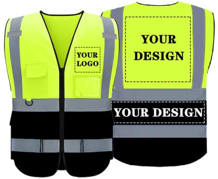 BeautyWill Personalisierte Sicherheitsweste Warnweste mit Text oder Logo und 5 Mehreren Taschen, Warnschutz Arbeitsweste Sicherheitsweste mit 360°Reflektorstreifen (GelbSchwarz-S)
