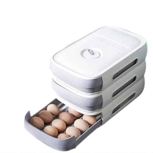Egg Holder Egg Fresh Storage Box Drawer Type Egg Storage Rack Household Stackable Egg Storage Container Tray Space Saver for Kitchen Refrigerator (White)