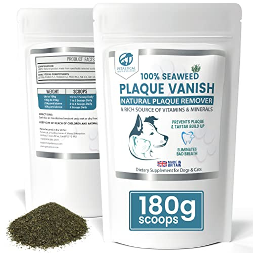 Petastical Plaque Vanish | 100% Natural Seaweed Dental Powder | Plaque Off Tartar Remover for Dogs & Cats | Banish Bad Breath | Made in UK (180g)