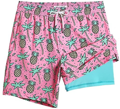 MaaMgic 7 2 en 1 Bañador con Forro de Compresión con Cremallera Hombre Shorts de Baño Shorts de Playa Traje de Baño para Natación Secado Rápido para Vacaciones,02Rosa Coco Piña,M