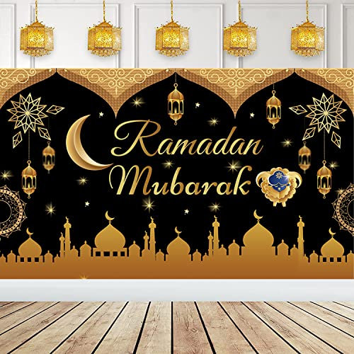 XINDY Ramadan Dekoration Schwarz Gold Extra Große Ramadan Mubarak Banner Ramadan Hintergrund Banner Ramadan Mubarak Dekoration Stoff Schild Poster für Muslim Islamische Party Ramadan Deko, 180x110CM