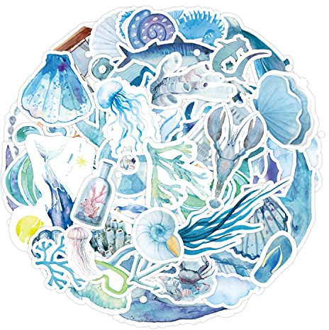 Watercolor Ocean Stickers for Laptop (50 PCS) - Gift for Children, Teens, Adults, Girls, Boys - Ocean Blue Waterproof Vinyl Stickers for Water Bottle, Scrapbook, Skateboard, Bike, Phone, Dairy