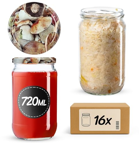 KADAX 16er Set Einmachgläser 720ml TO82 Pilze, Große Sturzgläser mit Schraubdeckel, Einkochgläser Fermentierglas für Gurken, Gemüse, Sauerteig