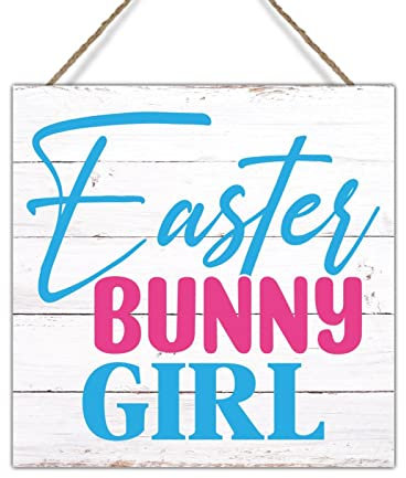 Swavecat Schild Holz Dekor Ostern Zitate Spruch Schild Osterhase Mädchen Holzschilder Hello Spring Happy Easter Day Wandkunst Schild für Wohnzimmer 20,3 x 20,3 cm Ostergeschenk für Kinder