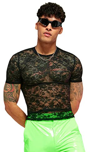 GORGLITTER Men's Floral Lace Sheer Summer Top Short Sleeve See Through Skinny Sext T Shirt Clubwear Black S