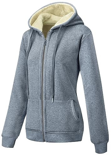 MOVE BEYOND Giubbotto Felpa da Donna con Cappuccio Foderato in Pile Caldo Giacca Invernale a Maniche Lunghe con Zip Hoodie Casual Monocolore, Grigio, M