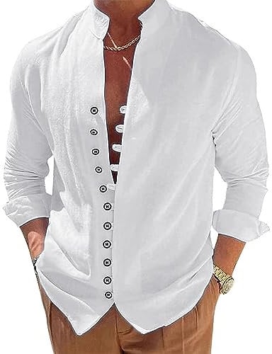 NANAMEEI Men's Cotton Button Down Shirt White Linen Shirts Men Long Sleeve Tops, White, M