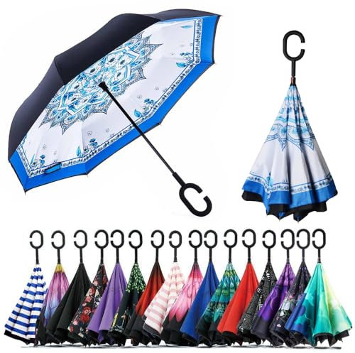 CICILIAYA Double Layer Folding Inverted Umbrella, Self Stand Upside-down Rain Protection Car Reverse Umbrellas with C-shaped Handle Big Straight Umbrella (Blue 4)