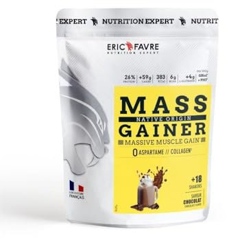 MASS GAINER NATIVE PROTEIN - Protéines et glucides bi-sources, Prise de Masse Rapide, Gain de poids et Masse Musculaire - Eric Favre - Chocolat 1kg