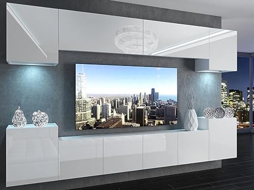 NAKA Wohnwand Sideboard Wohnzimmer Möbel TV-Schrank Lowboard TV-Board Hängeschrank Weiss Hochglanz IMP 4/5/W/W/0/0 ohne LED Beleuchtung