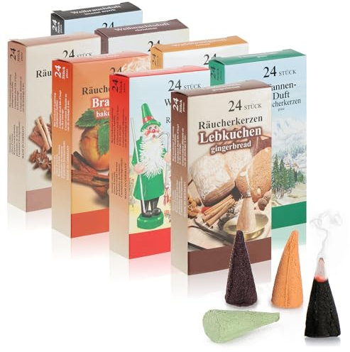 com-four® 192x Räucherkerzen - Duftkegel in 8 weihnachtlichen Nuancen - Räucherstäbchen für Advent und Weihnachten - erzgebirgische Räucher-Hütchen mit Weihnachtsduft (0192 Stück - 8 Düfte)