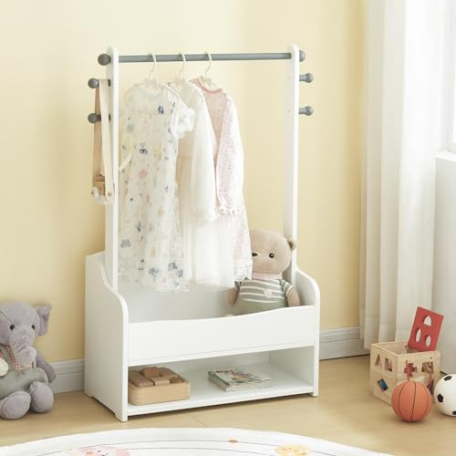 Panana Kids Hanging Rail with Extra Storage, Kids Clothes Rail, Wooden Hanging Rail with Storage, Toddler, Kids Dress Up Rail
