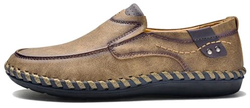 Hoefirm Mocasines planos de cuero para hombre, zapatos casuales sin cordones, transpirables, mocasines cosidos a mano para caminar, marrón caqui, 44 EU