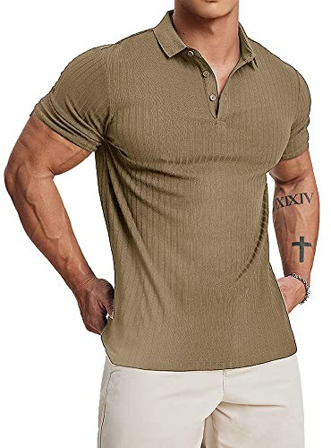 Muscle Cmdr Men's Cotton Muscle Polo Shirts Slim Fit Business Casual Tee Long&Short Sleeve Ribbed V Neck Shirt Brown/L