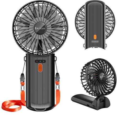 Portable Fan Handheld Fan with Neck Lanyard, Battery Operated Electric Powered USB Rechargeable Fans, 6-15H Cooling, 180° Foldable with 4 Quiet Speeds Mini Fans for Travel Outdoor Home Office, Black
