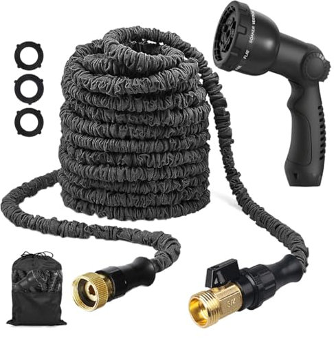 Suplong 100FT Expandable Garden Hose - 10 Spray Nozzle, 3/4 Solid Brass Fittings, Lightweight Flexible Hosepipe for Watering/Washing (0-6 Bar Pressure, 3750D Anti-Burst)