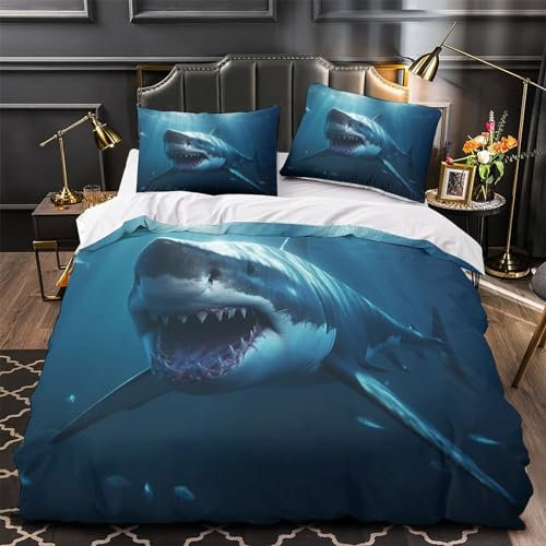 HUANGJIAHUI Haie Bettbezug Set 3D Gedruckter Meeresleben Für Kinder Mädchen Jungen Bettwäschegarnitur Bettwäsche Reissverschluss Weich Microfaser Und Kissenbezüge 3 Teilig Single(140x200cm)
