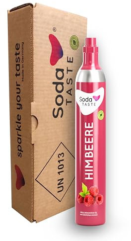 SodaTASTE CO2-Zylinder tauschen (Refill) für Wassersprudler, mit natürlichem Himbeer-Aroma, ohne Sirup, für bis zu 60l gesprudeltes Wasser mit Geschmack, zuckerfrei (ACHTUNG: Leerer Zylinder benötigt)
