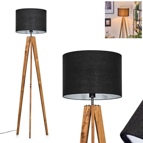Stehleuchte Bassagoda, Stehlampe aus Holz/Metall/Stoff in Natur/Schwarz/Weiß, Leuchte im skandinavischen Design mit Schirm aus Stoff (Ø 40 cm) u. Fußschalter, Höhe 161 cm, 1 x E27, ohne Leuchtmittel