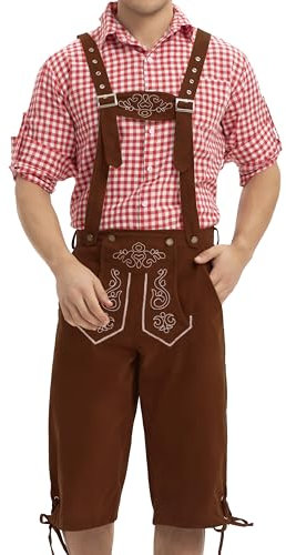 COOFANDY Lederhose Herren Tracht Lederhosen Trachtenlederhosen Traditionelle Trachtenhosen Oktoberfest Outfit Herren Trachtenset Mit Trachtengürtel Braun XXL