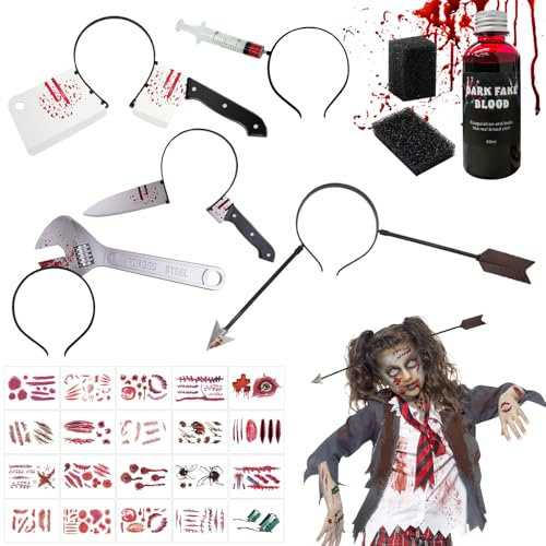 SPERMUOY Halloween Messer Haarreif, 5 Stück Horror Accessoire Mit Axt im Kopf, 20 PCS Tattoos, Blutige Haarreife für Karneval Masquerade
