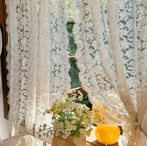 gardinen Französischer High-End-Vintage-Beige-Gaze-Vorhang mit Stickerei, gewellter Rand, europäische Spitzen-Trennvorhänge