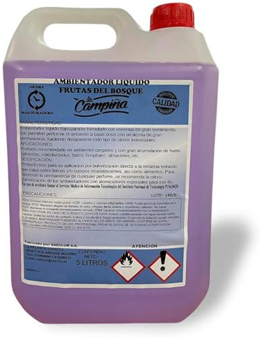 Ambientador Líquido Frutas del Bosque • Ambientador Hogar Duradero • Aroma Agradable para Hogar y Establecimientos • Garrafa de 5 Litros Industrial