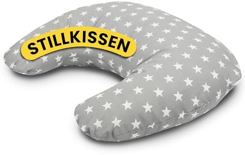 Amilian Stillkissen Klein - Stillmond - Nursing Pillow - Stillhörnchen - Kleines Stillkissen für Baby - Stillkissen Mond - Stillkissen unterwegs - Stillkissen Halbmond Sternenfunkeln in Grau