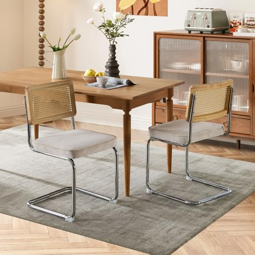 SoarTalent Breuer Esszimmerstühle 2er Set Samt Gepolsterter Stuhl mit Rattan Rückenlehne und Chrombasis ohne Armlehnen für Esszimmer, Kücheninsel (Beige)
