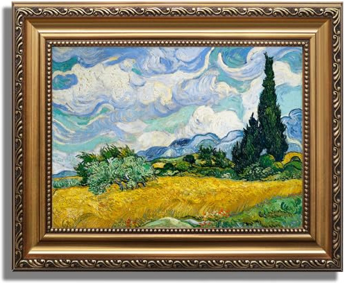 KBKBART Gold Framed Van Gogh Wall Art, Vintage Abstract Wheat Field with Cypress Canvas Impressionist Oil Painting, Farmhouse Country Landscape Wall Decor, Van Gogh Famous Artist Poster for Room