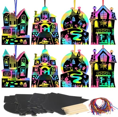 MONCAP 24 Stück Halloween Kratzbilder Kinder Spukhaus Bastelset Halloween Geisterhaus Kreativsets Halloween Kratzpapier Scratch Art für Mädchen Junge Halloween Party Geschenk