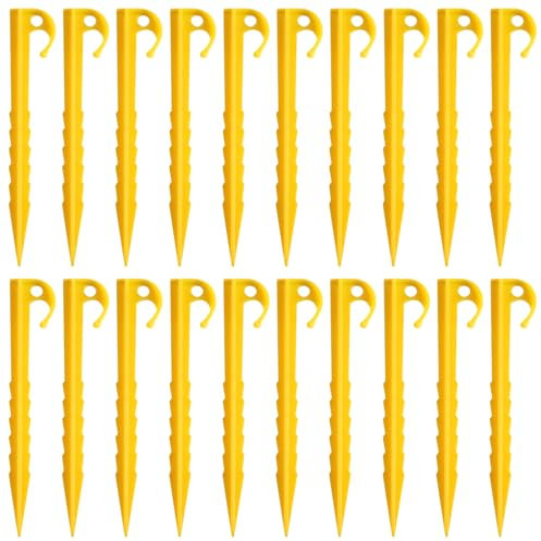 SYEYCW 20 Pcs Plastic Tent Pegs, Heavy Duty Awning Pegs, Durable Tent Pegs, Yellow Camping Spike Hook, Reusable Canopy Stakes, Pegs Accessory, Tent Nails for Fixing Tent, Tarps, Garden Weed Mat
