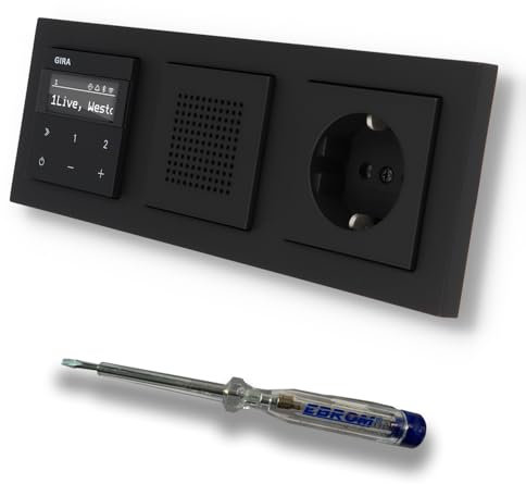 Gira Unterputz IP Internetradio 232003 + Bluetooth KomplettSet + Lautsprecher + Steckdose - E2 schwarz matt im 3fach Rahmen Gira 021309 inkl. EBROM Phasenprüfer zur Montage der Geräte