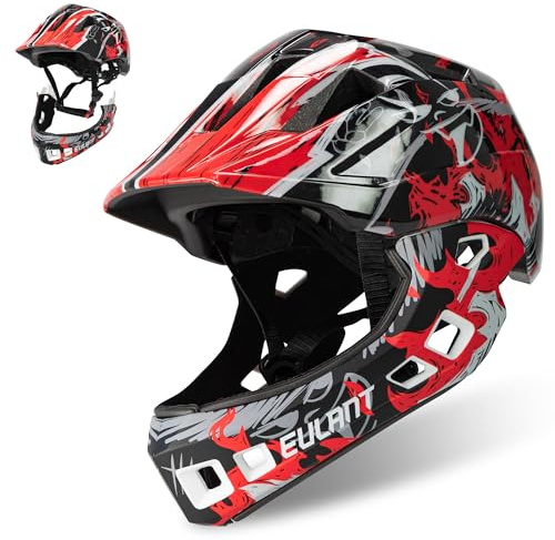 EULANT Children’s Full Face Helmet with Chin Guard, Bicycle Helmet for Girls and Boys Aged 6 Years, Fits Head Size 48-56 cm (Black Red, Medium=52-56cm/20.5-22inch)