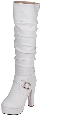 Asterisco Stivali Alti Al Ginocchio da Donna con Tacco Largo con Plateau Tacco Alto Stivali Punta Rotonda Senza Chiusura Stivali Morbidi, W143322Ry Bianco Numero 34 EU