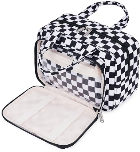 Kulturtasche Damen Gross & Kosmetiktasche Groß, Waschtasche Damen Make up Tasche für Herren & Volle Größe Kulturbeutel für Kinder (Schwarzes Schachbrett)