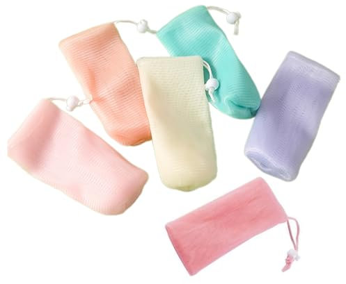 6Pcs Multicolor Exfoliating Mesh Soap Pouch Bubble Foam Net Bag for Shower Saver Pouch Drawstring Foaming Net Soap Bag for Body Facial Cleaning Tool, 6 Colors Used Repeatedly Easy to Store,Cleansers