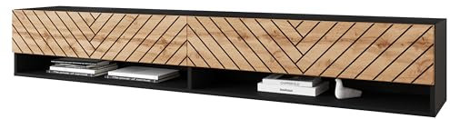 MINIO go for it - Lowboard TV-Schrank I 180x30x33 cm I mit Türen und Offene Nischen I Laminierte Spannplatte I Praktisch und Funktionell I Graphit Schwarz/Front Wotan Eiche - LED Beleuchtung