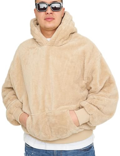 behype. Herren Hoodie Oversize Teddy-Fell Kapuzenpullover Kapuzensweatshirt Einfarbig Fleecepulli Sweatshirt Weicher Basic Pullover S2_7474-Beige-M